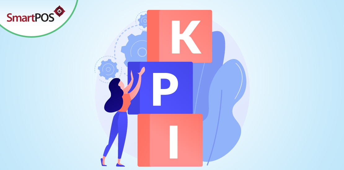 An illustration of a woman arranging the blocks of the acronym ‘KPI’